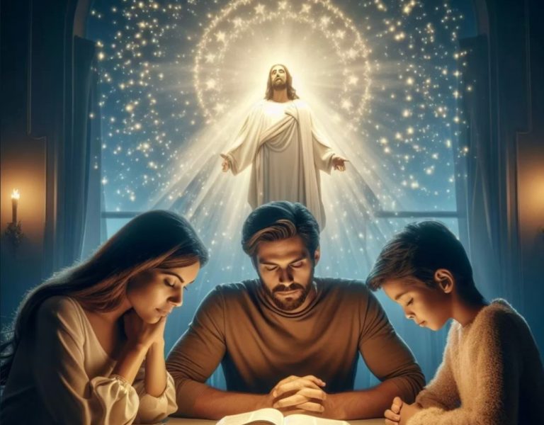 Evangelho no lar - família reunida na mesa em oração e a figura de Jesus atrás